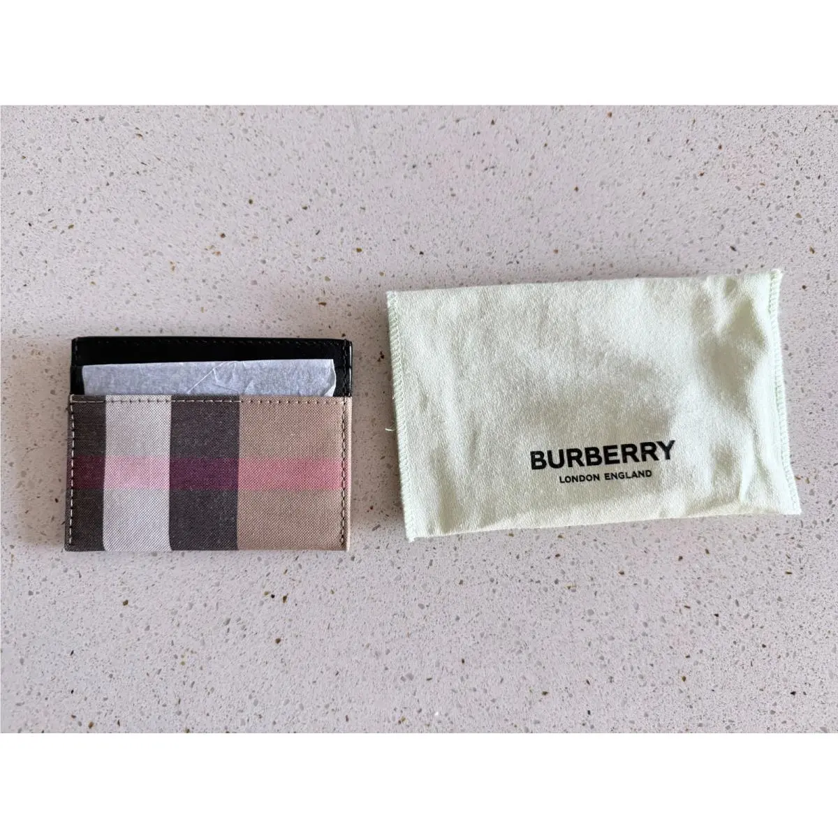 Burberry Sandon Check Card Case Wallet Leather Beige Black W/dust Bag