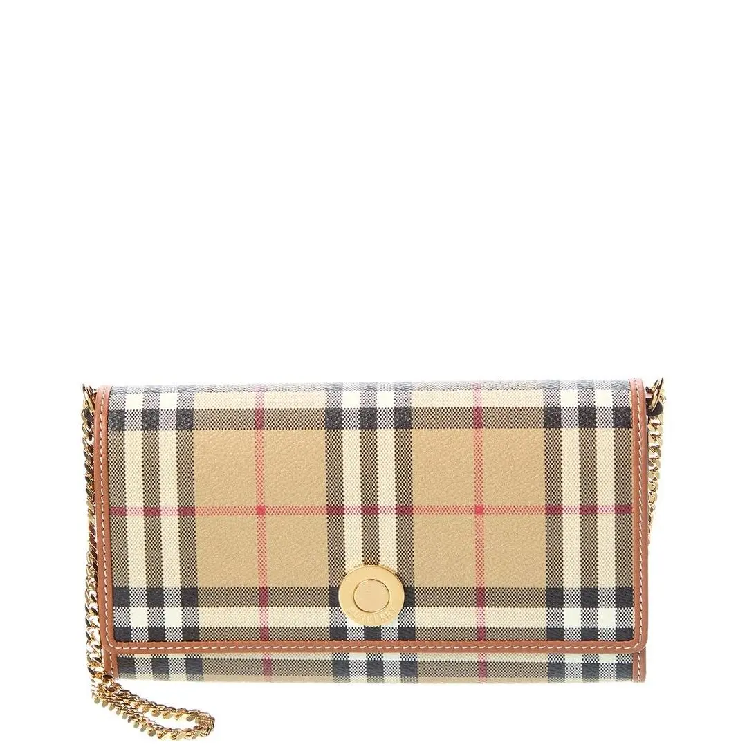 Burberry Check E-canvas Leather Wallet On Chain Women`s Brown