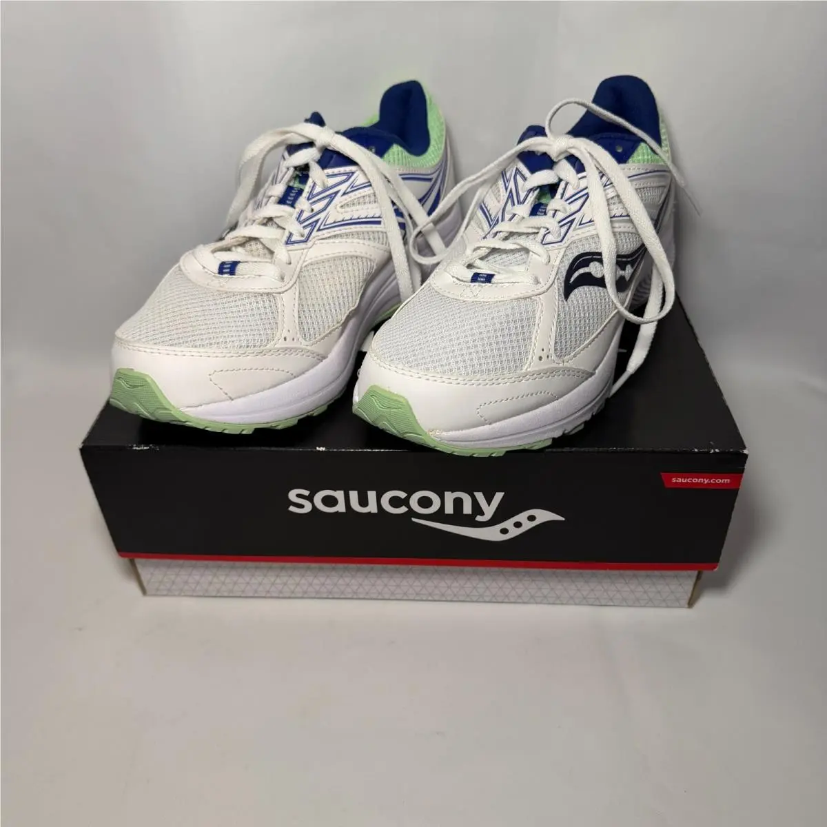 Saucony Cohesion 14 Womens 7.5 Wide Tennis Shoes White/navy/mint Sneakers