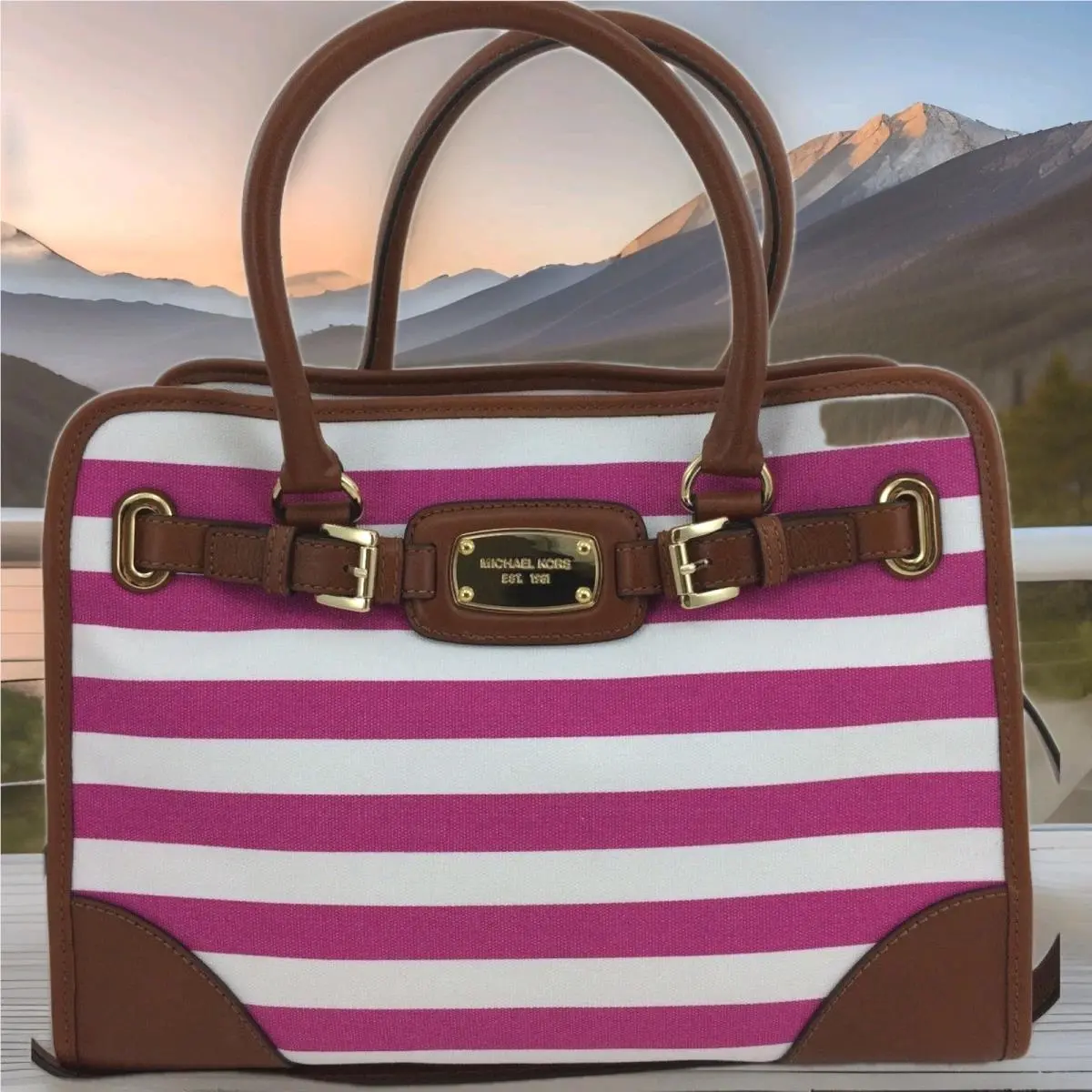 Hamilton Large Fuchsia White Stripe Brown Leather Tote Bag by Michael Kors