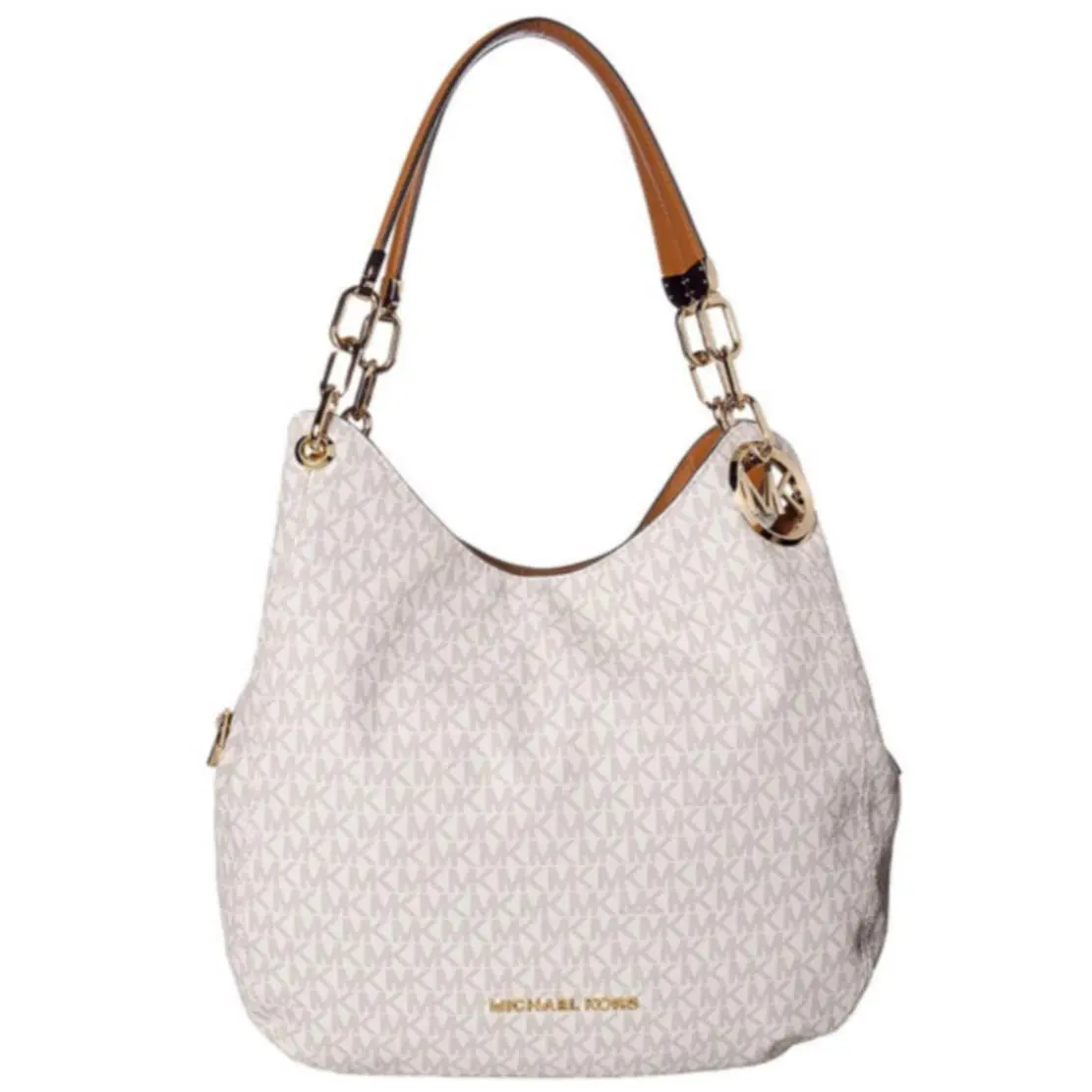 Michael Kors Lillie Vanilla Logo Acorn Gold Chain Large Shoulder Tote Bag