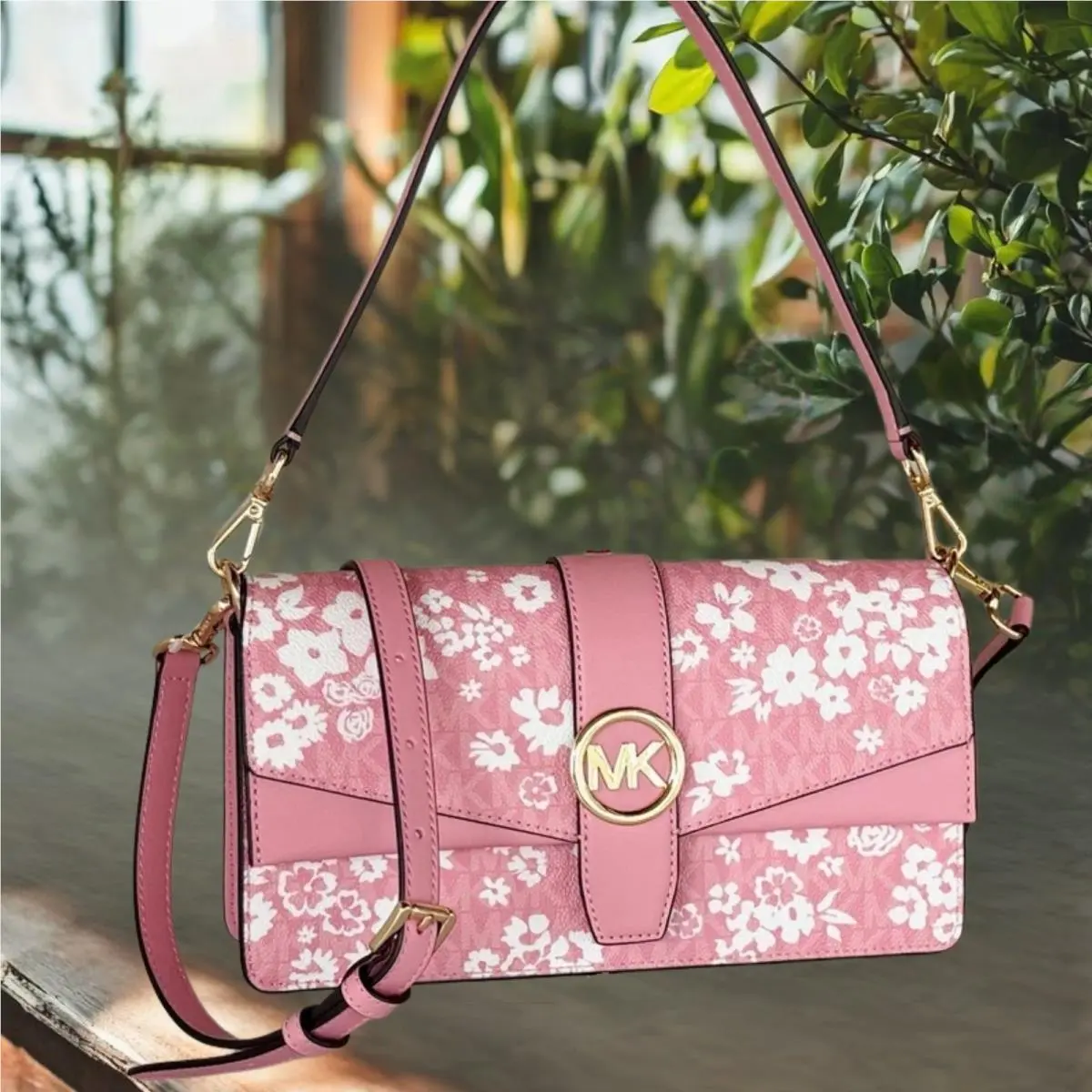 Greenwich Women Medium Printed Logo Flap Shoulder Bag Handbag Purse CARNATION by Michael Kors