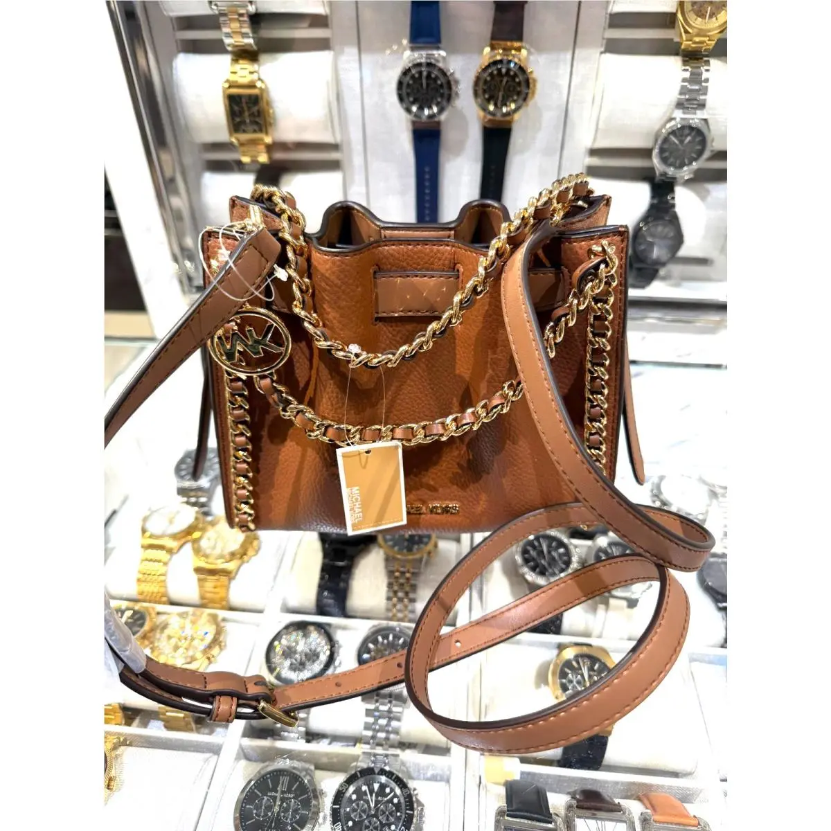 Michael Kors Mina Small Handbag Chain Crossbody Women Purse Bag Luggage Brown MK