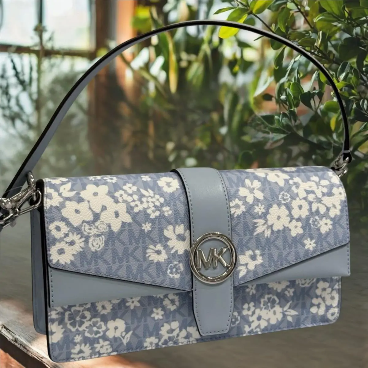 Michael Kors Greenwich Women Medium Printed Logo Flap Shoulder Bag Pale Ocean