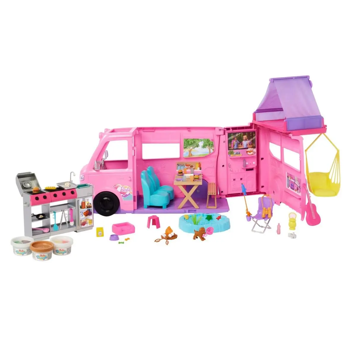 Barbie Dream Camper For 2025 Playset with Roof Tent Swing Chair Fishing Po