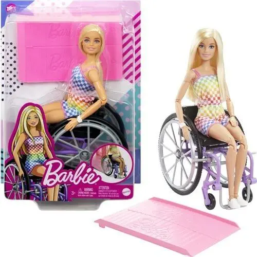 WB Barbie Fashionista Doll with Wheelchair Ramp Blond Hair Rainbow Dress