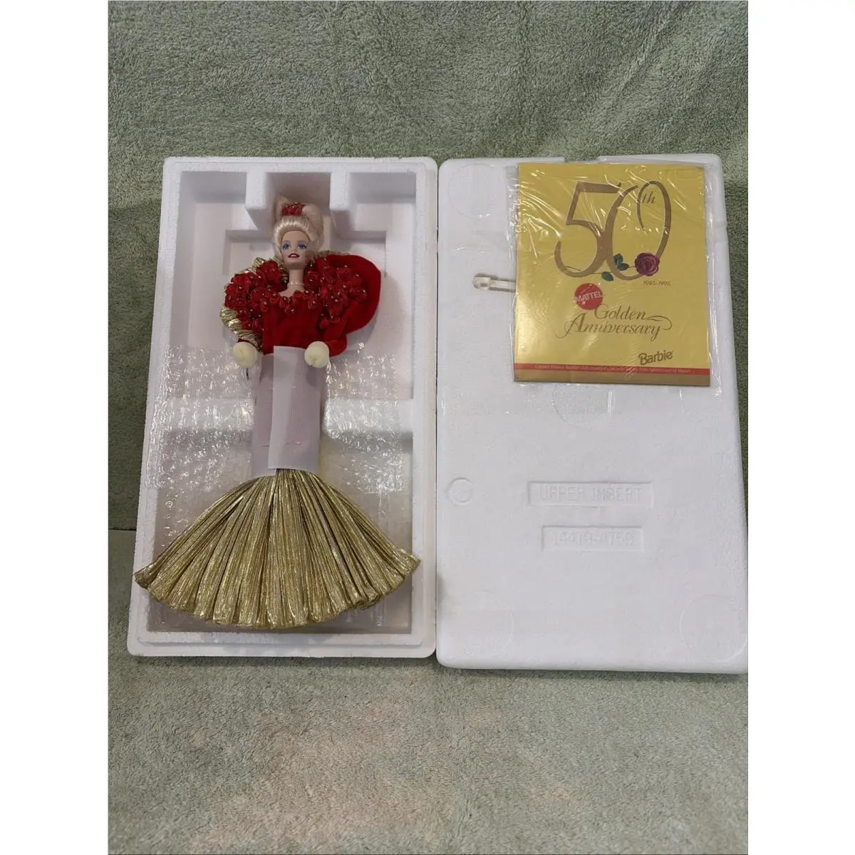 Barbie Doll 50th Anniversary Golden Gown Mattel Red Roses Porcela