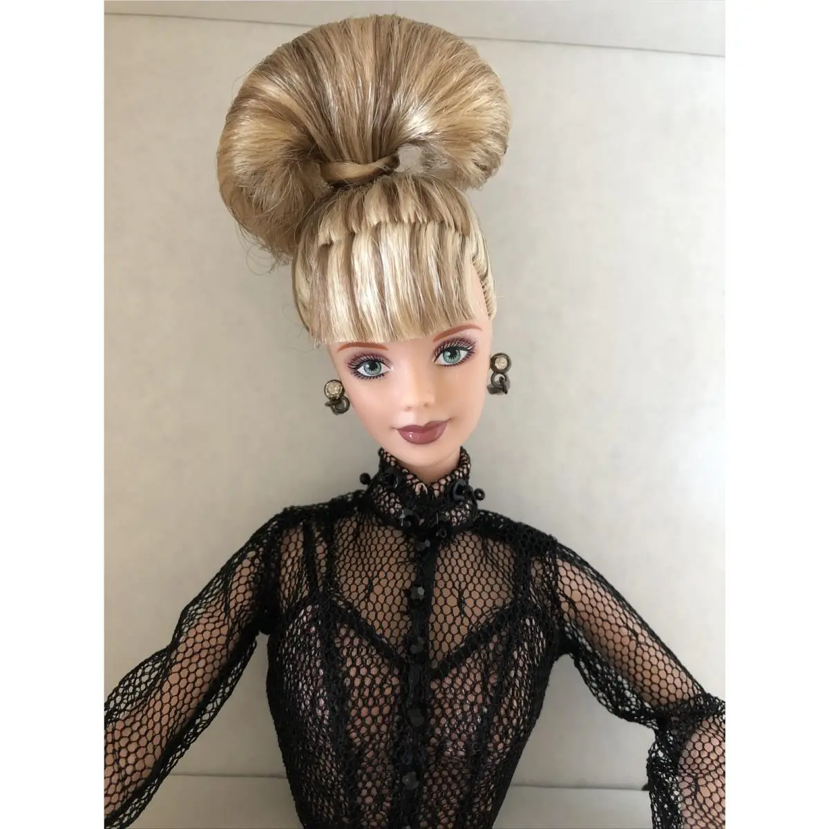 Nolan Miller Sheer Illusion Sheer Tulle Lace Gown First Barbie Doll Earrings