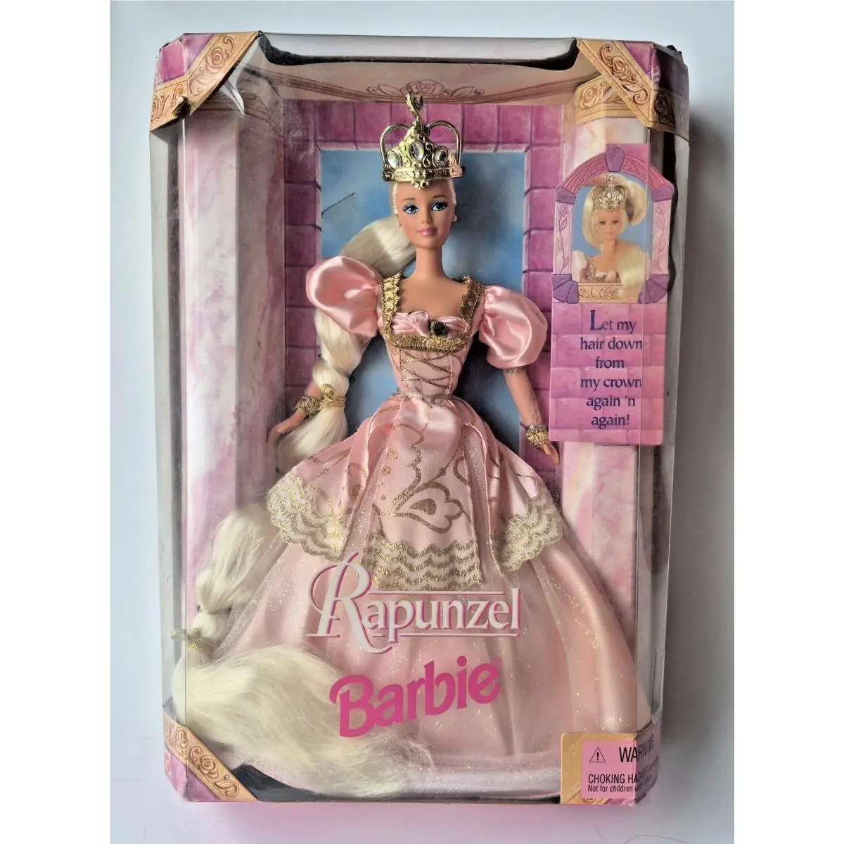 Retired Mattel 1997 Rapunzel Barbie Doll Pink Gold Dress Long Blonde Hair