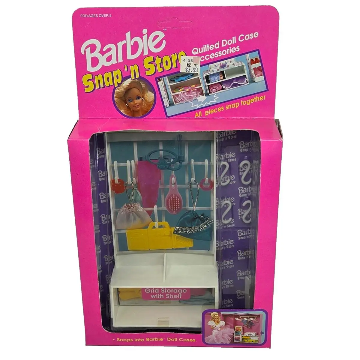 Vintage 1992 Barbie Snap N Store Quilted Doll Case + Accessories Grid Shelf