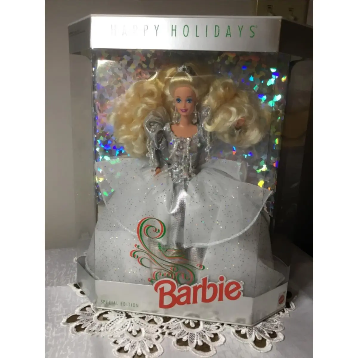 1992 Mattel 01429 Happy Holidays Barbie Special Edit Silver Dress Rare White Top
