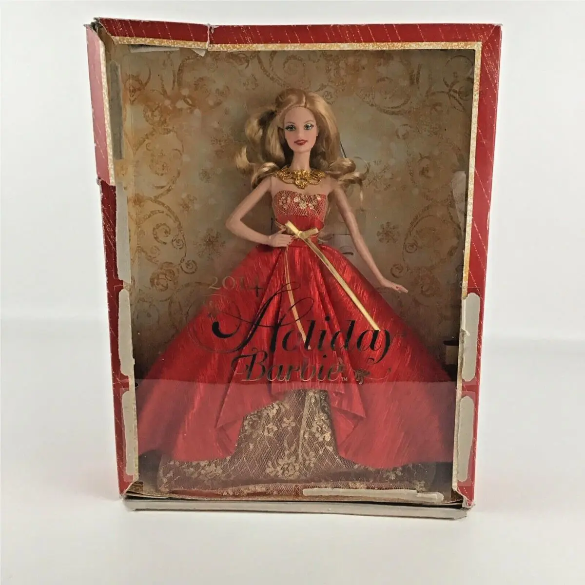 Barbie Collector 2014 Holiday Barbie Fashion Doll Red Gold Gown Stand Mattel
