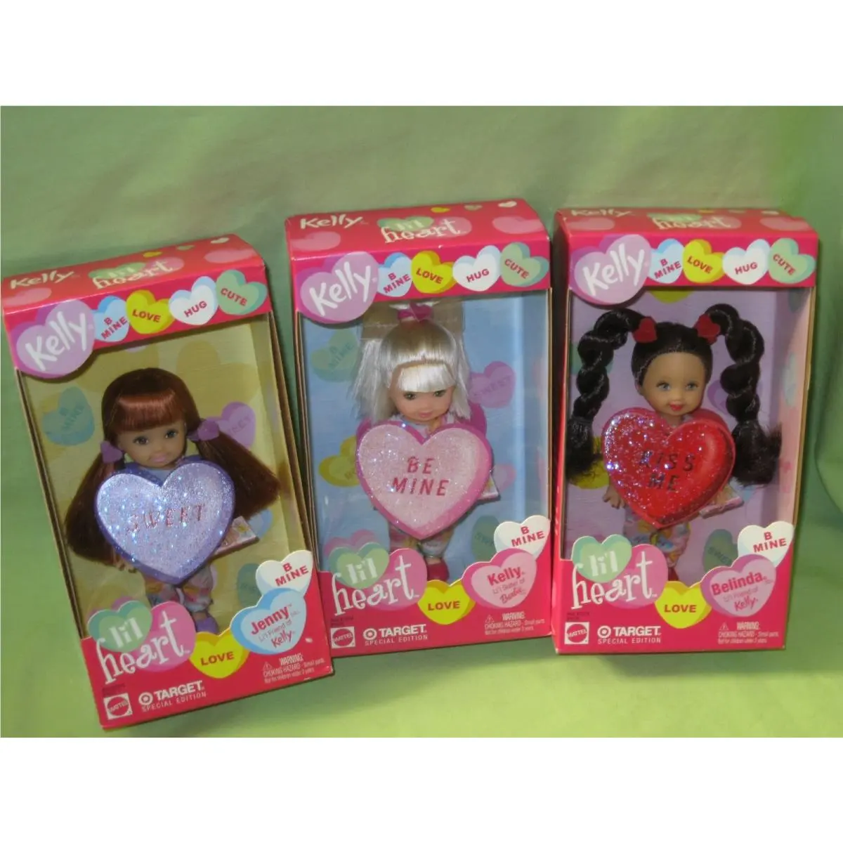 2002 Barbie Sister Kelly Friends Valentine Jenny Belinda 3 Doll Set Li`l Heart