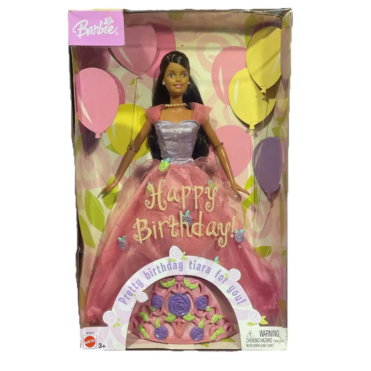 Vintage 2003 Barbie Happy Birthday Doll W/tiara Pink Dress Brown Hair