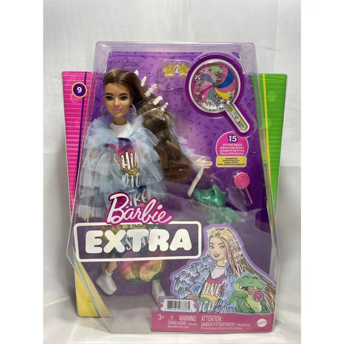 Barbie Extra Doll 9 in Blue Ruffled Jacket Pet Crocodile Bling Hair Clips