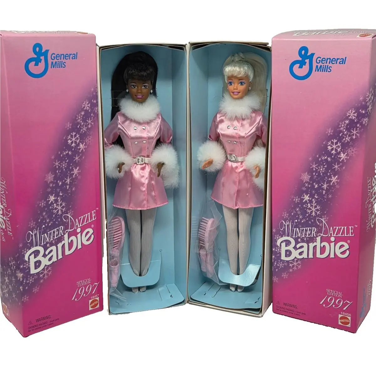 Pair OF 1997 Winter Dazzle Barbies 18457 + 18456 ES General Mills