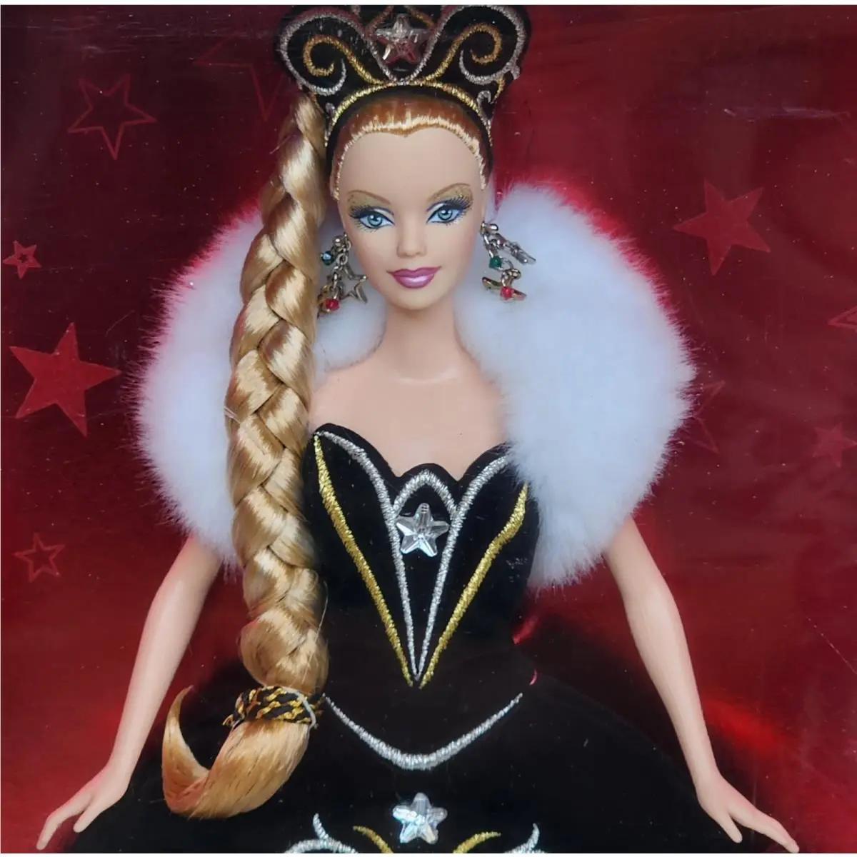 2006 Bob Mackie Holiday Barbie On Box Large Braid Black Dress