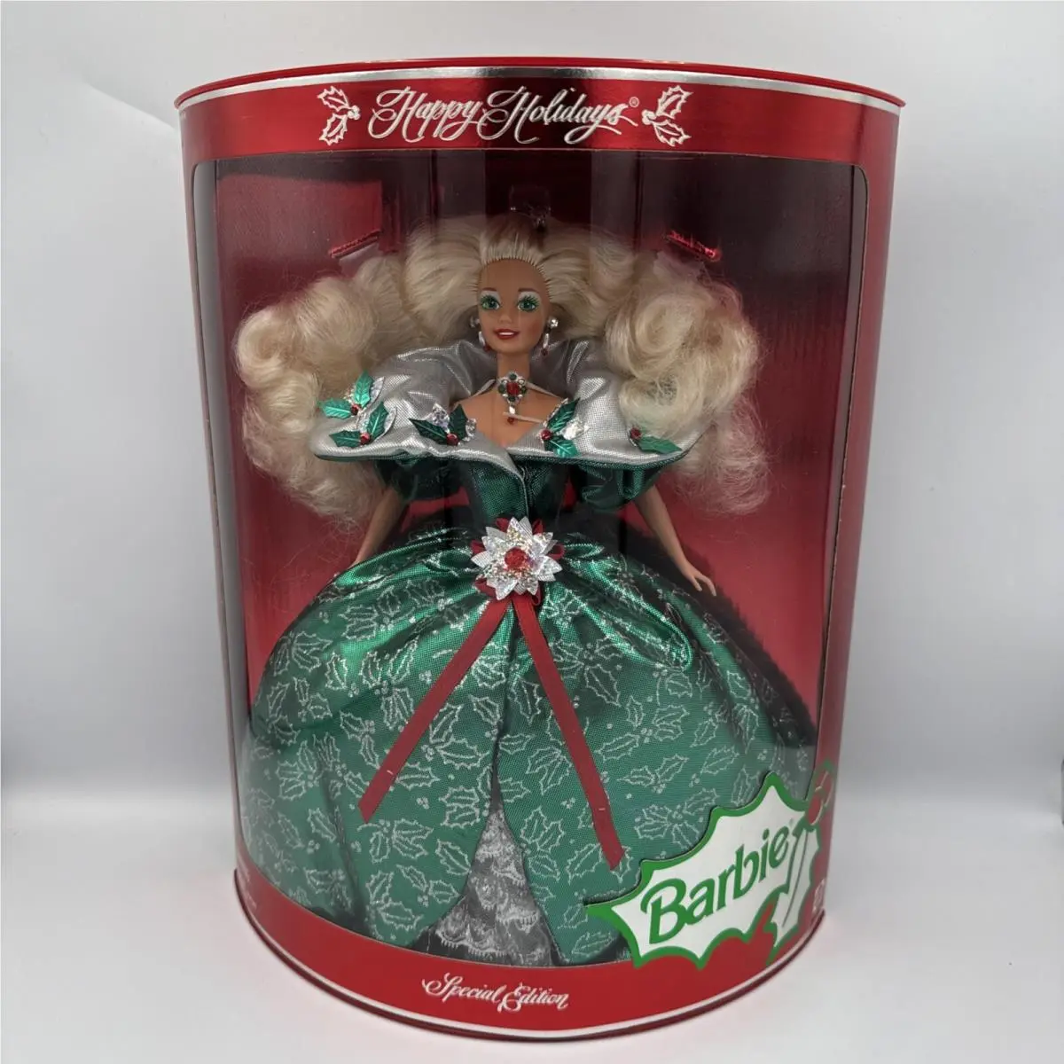 Vintage 1995 Holiday Barbie - Emerald Green Satin Gown - Nrfb Mattle