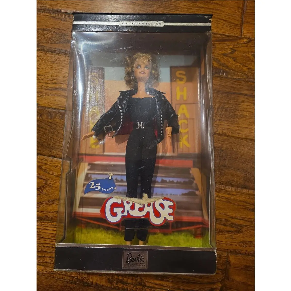 2003 25th Anniversary Grease Sassy Sandy Barbie Black Leather Jacket Doll