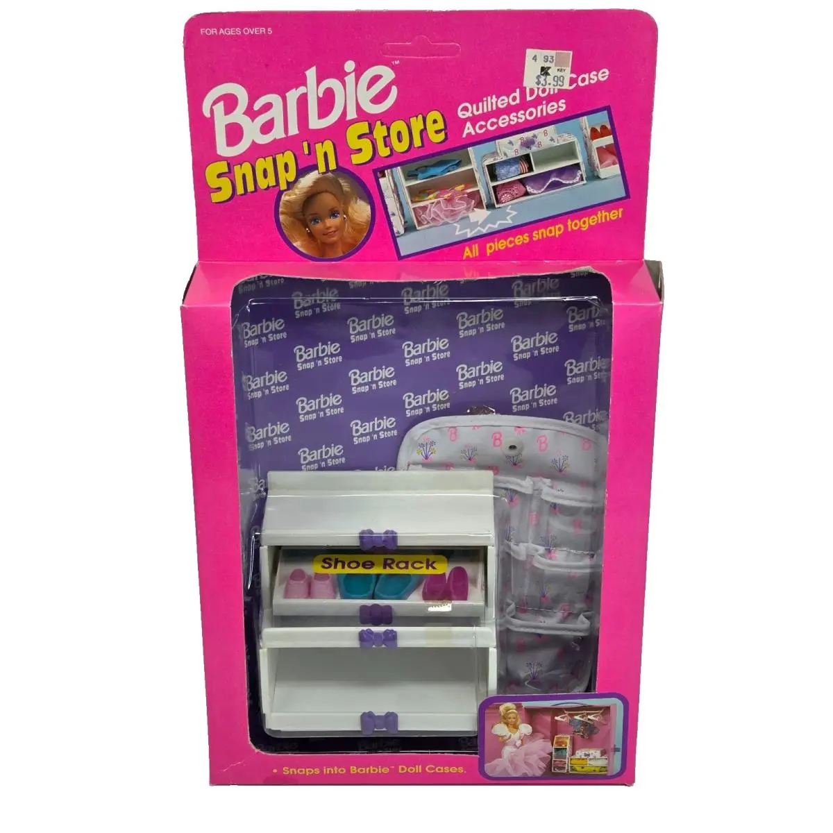 Vintage 1992 Barbie Snap N Store Quilted Doll Case + Accessories Shoe Rack
