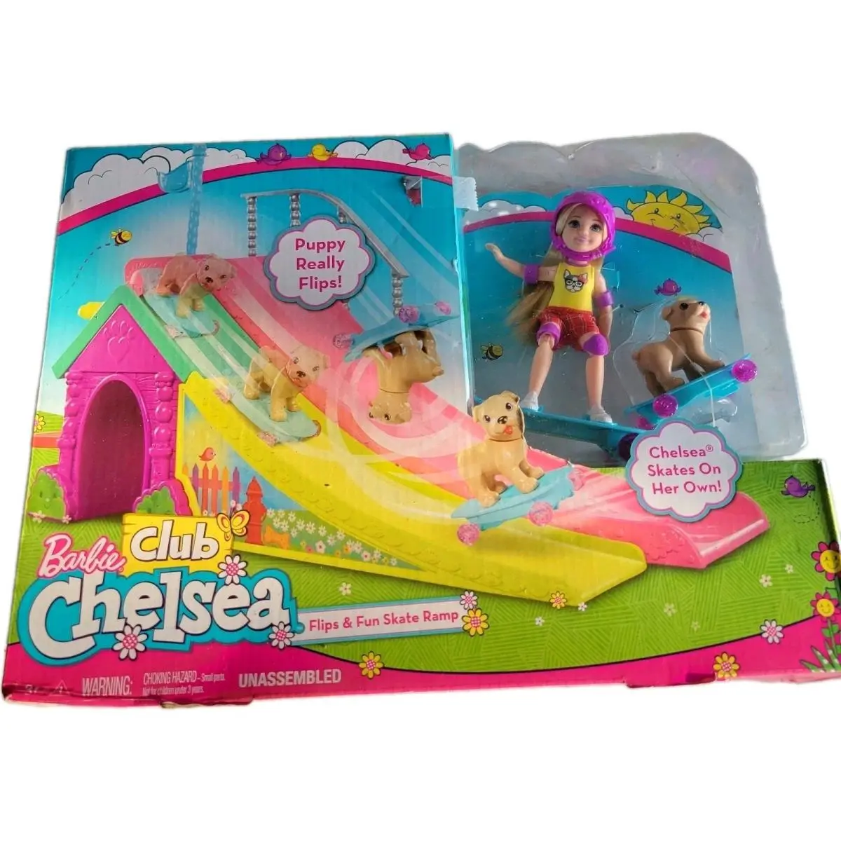 2016 Mattel Barbie Club Chelsea Flip Fun Skate Ramp Doll and Puppy