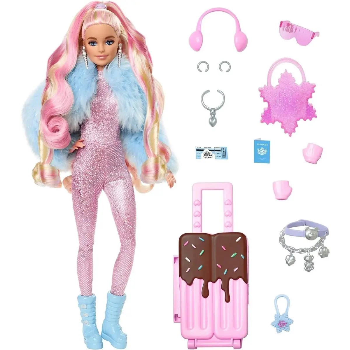 Barbie Extra Fly Doll Snow Doll w/ Sparkly Pink Jumpsuit Fur Coat Suitcase