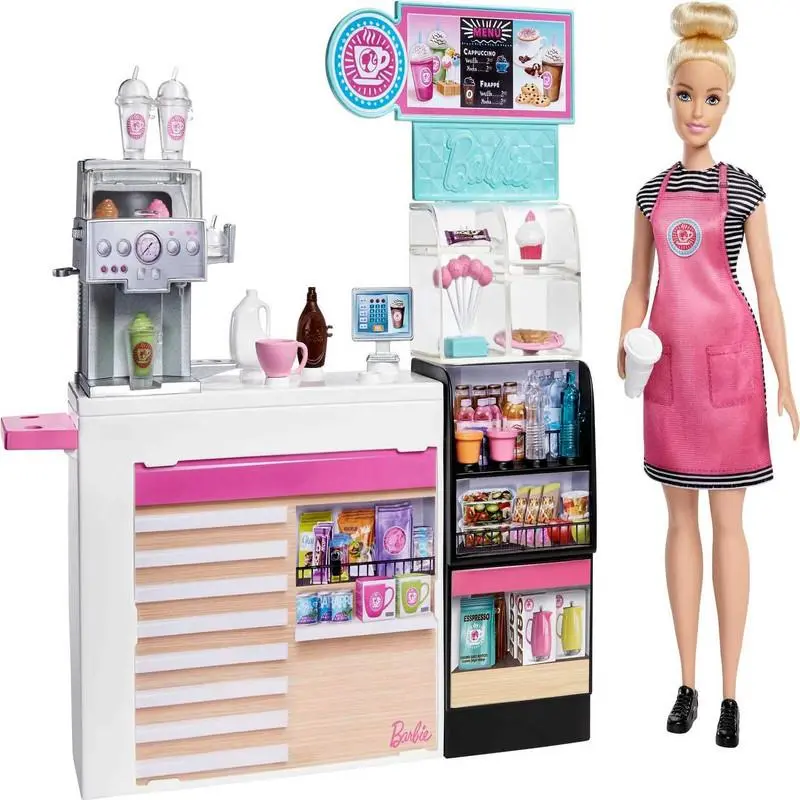 Barbie Coffee Shop Blonde Curvy Doll and 20 Realistic Play Pieces Coffee Shop