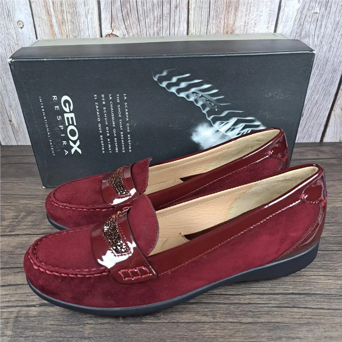 Geox Respira Lione Patent Leather Suede Slip On Loafer Women`s 8.5 Bordeaux
