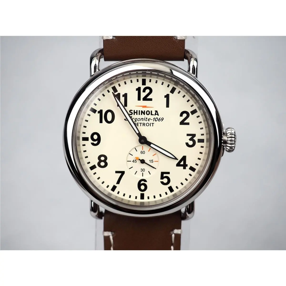 Men`s Shinola Runwell 47mm Cream Dial Brown Leather Strap Quartz Watch