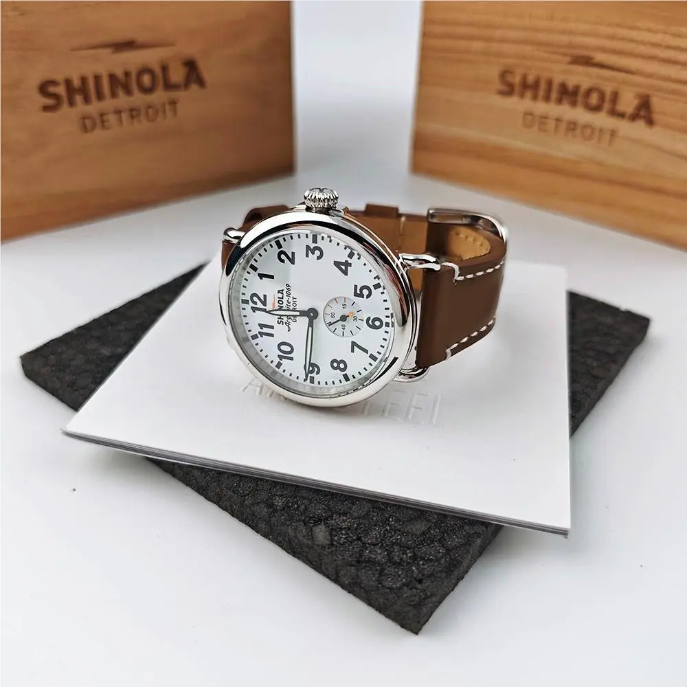 Shinola Men`s Quartz Analog Watch Silver Steel 41MM White Dial Brown Strap Watch