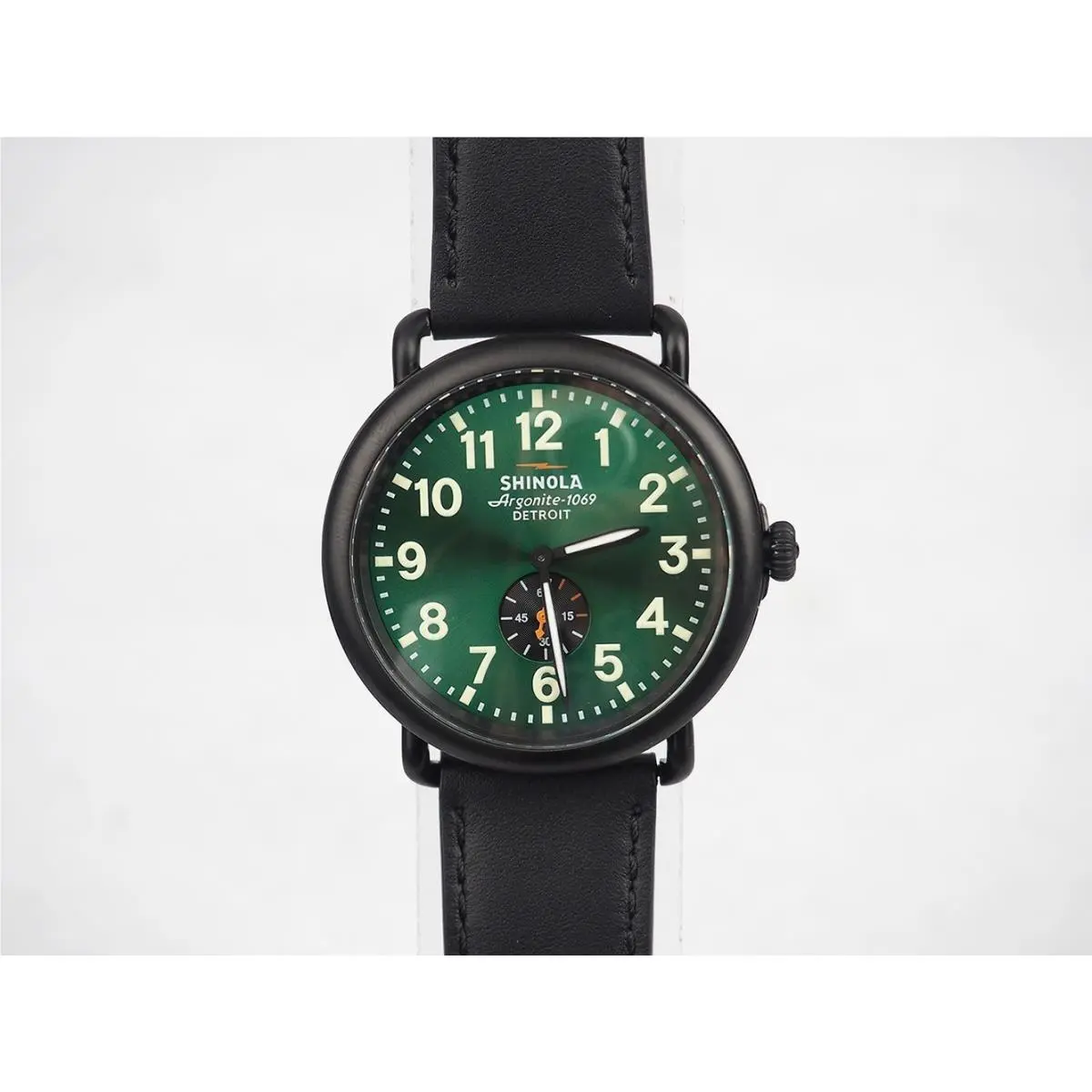 Men`s Shinola Runwell 47mm Green Dial Black Leather Strap Quartz Watch