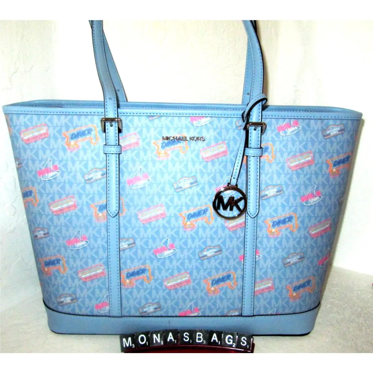 Michael Kors Jet Set Large Light Sky-blue Printed Logo Tote Bag