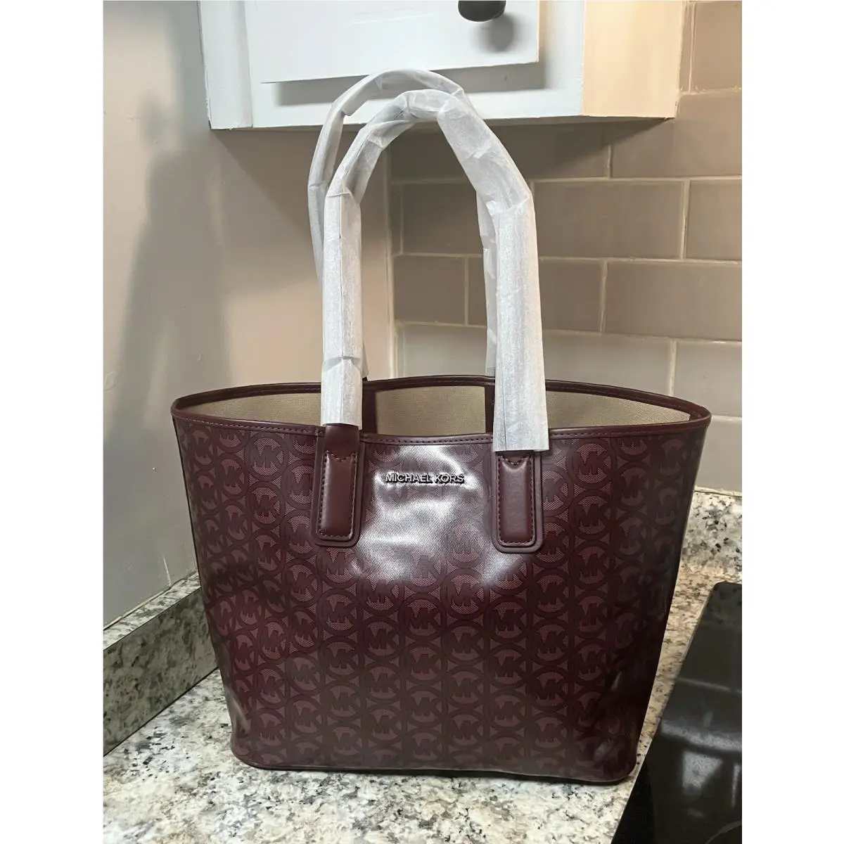 Michael Kors MK Jodie Merlot Logo Printed Tote Coated Canvas Includes MK Care Card