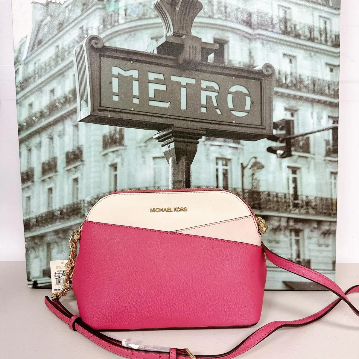 Michael Kors Pink White Colorblock Saffiano Leather Dome Crossbody Shoulder Bag