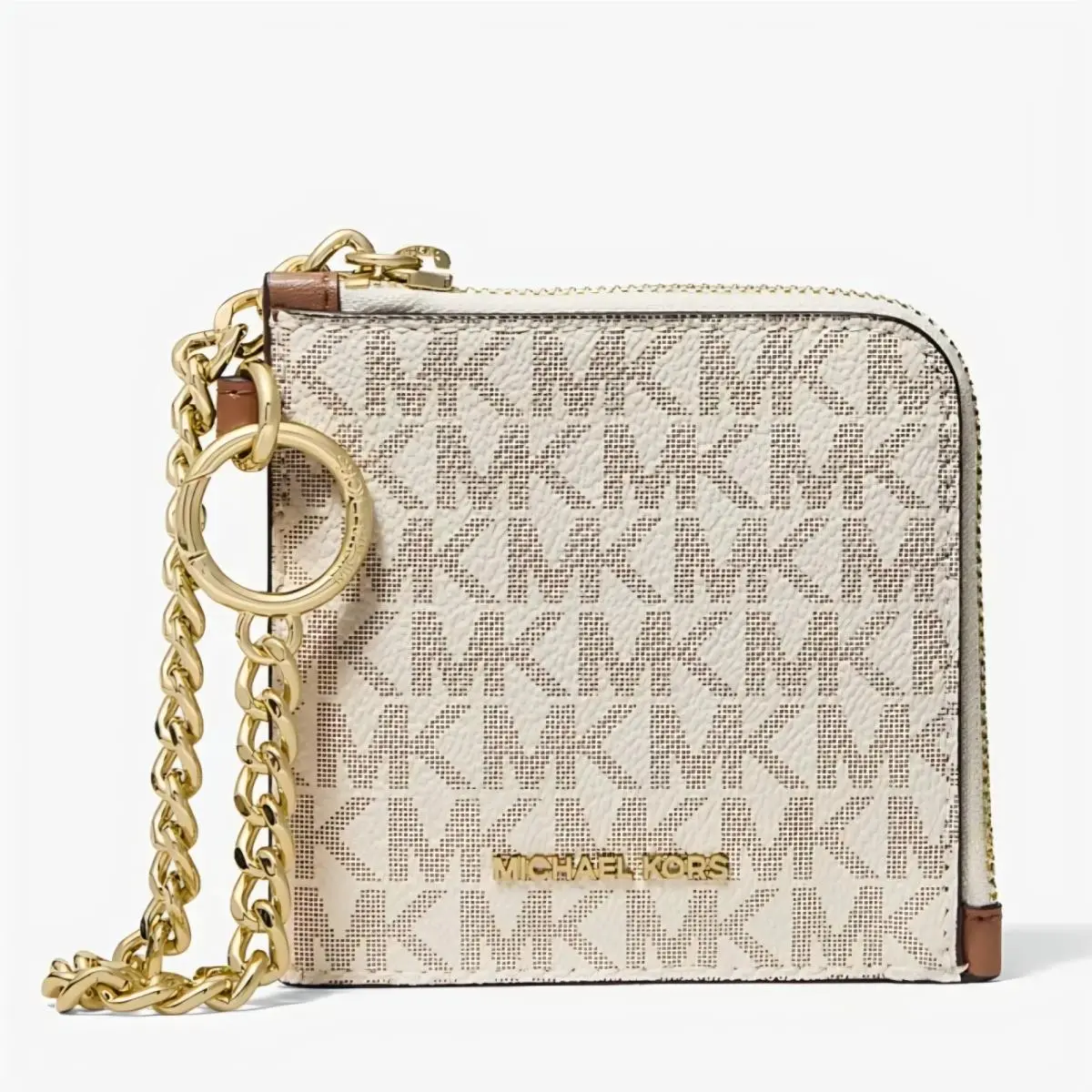 Michael Kors Jet Set Travel Women Logo Chain Zip Card Wallet Vanilla Acorn