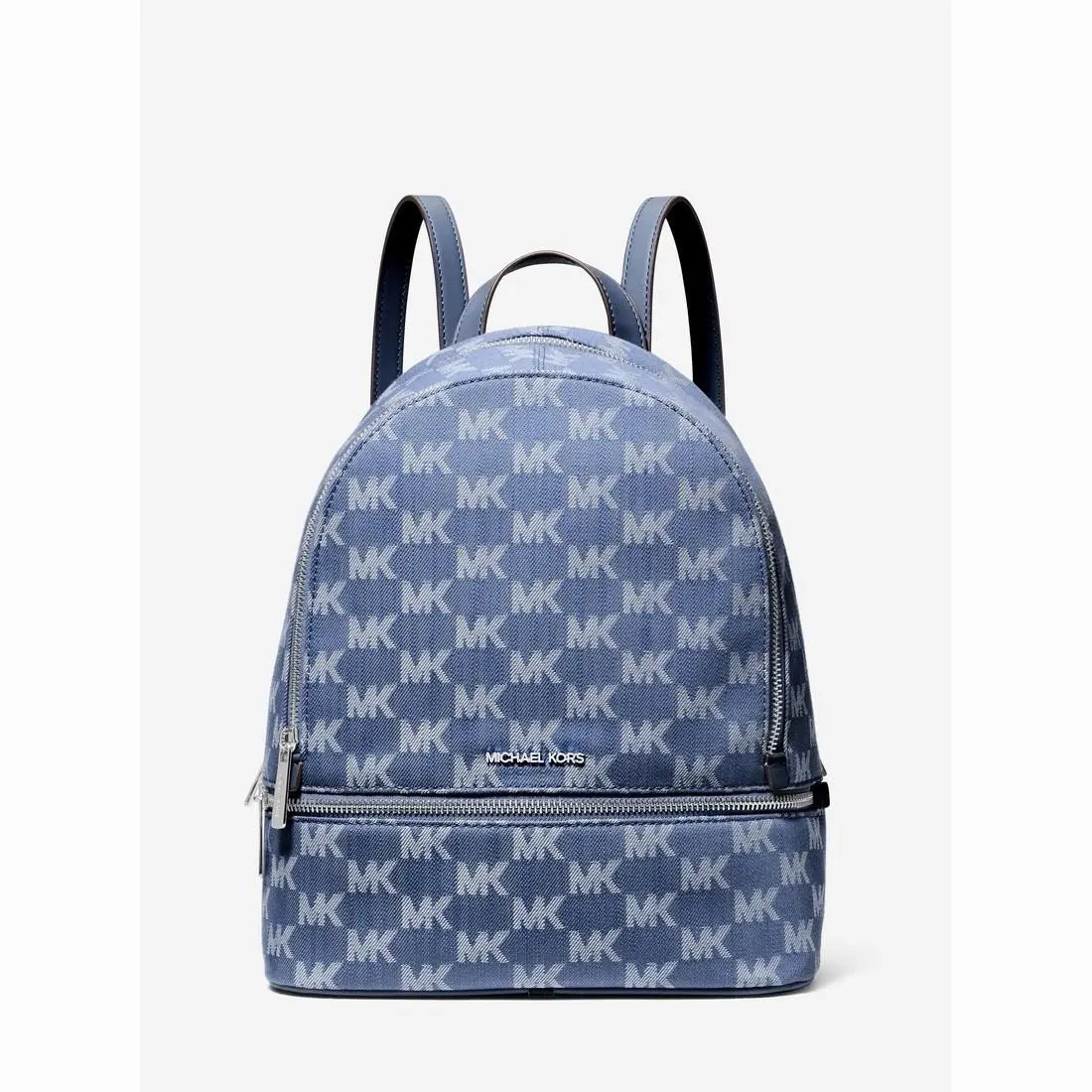 Michael Kors Rhea Medium Zip Backpack MK Navy Blue Bag Travel Tote Logo Silver
