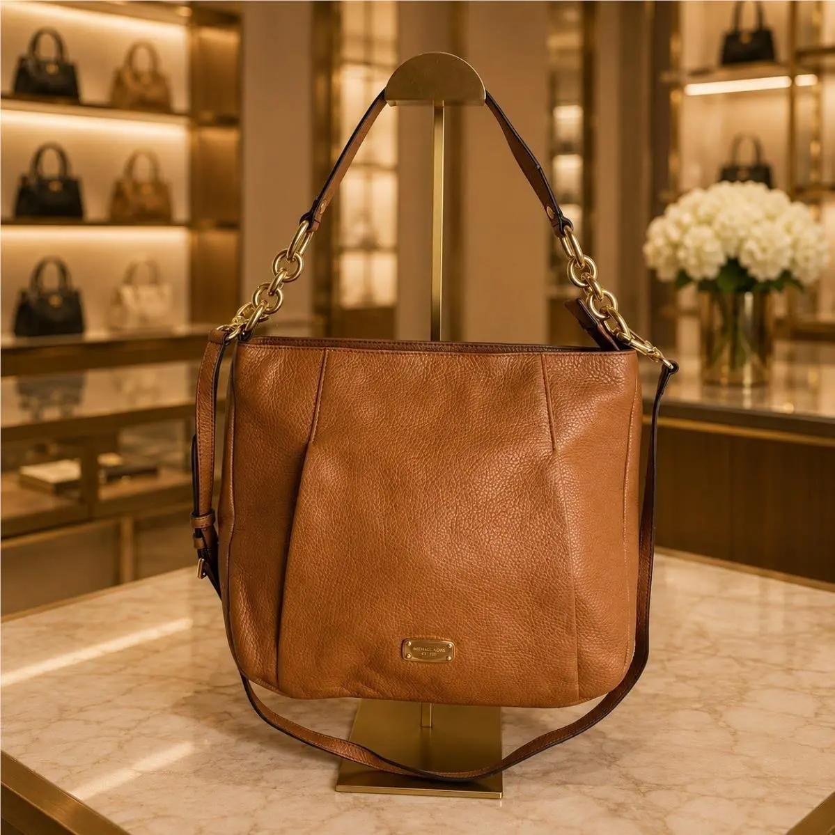 Michael Kors Sienna Leather Hobo Shoulder Bag Brown Gold Cha