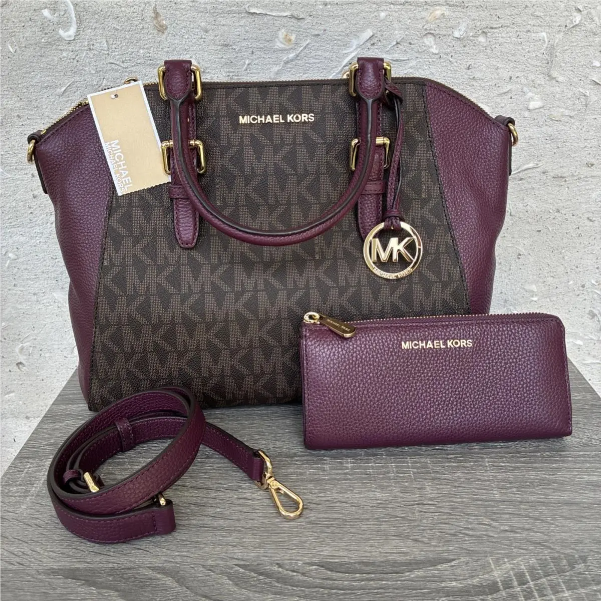 Michael Kors Ciara Large TZ Satchel with Strap and Wallet Plum Brown Logo