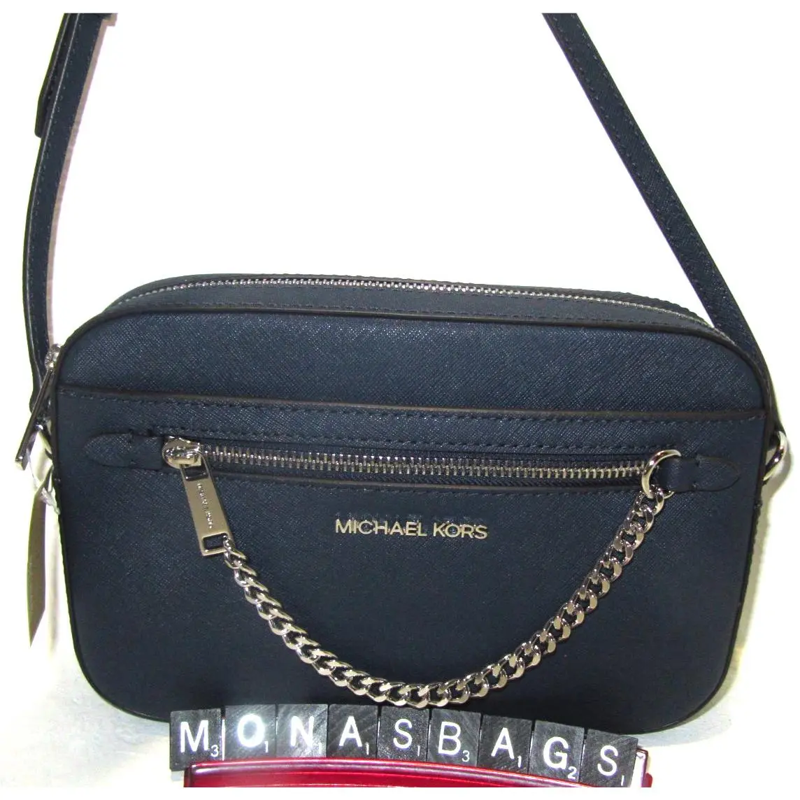 Michael Kors Jet Set Large Zip Chain EW Crossbody Bag Navy Leather