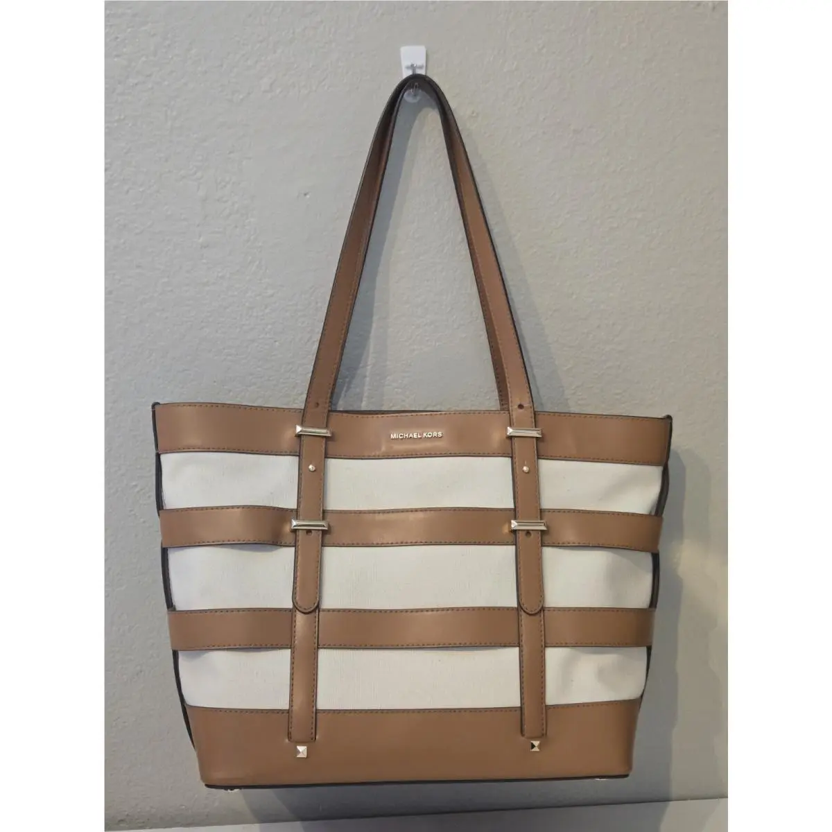 Michael Kors Marie Cage Tote Medium Purse Handbag Canvas W/ Leather Straps