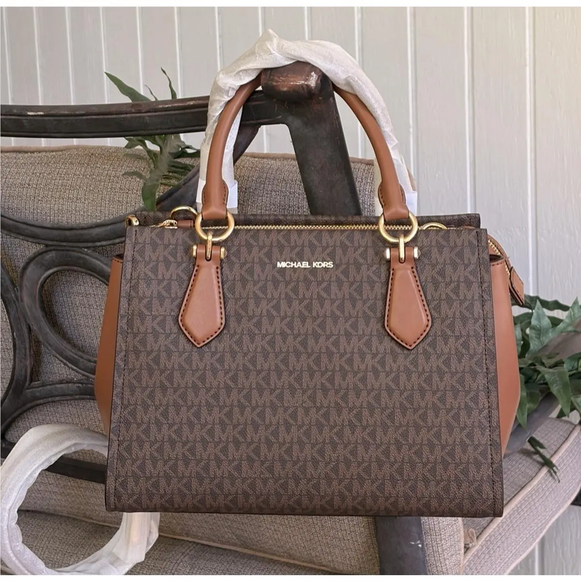 Michael Kors Marilyn Medium Satchel Shoulder Bag Tote Purse MK Brown Logo Gold