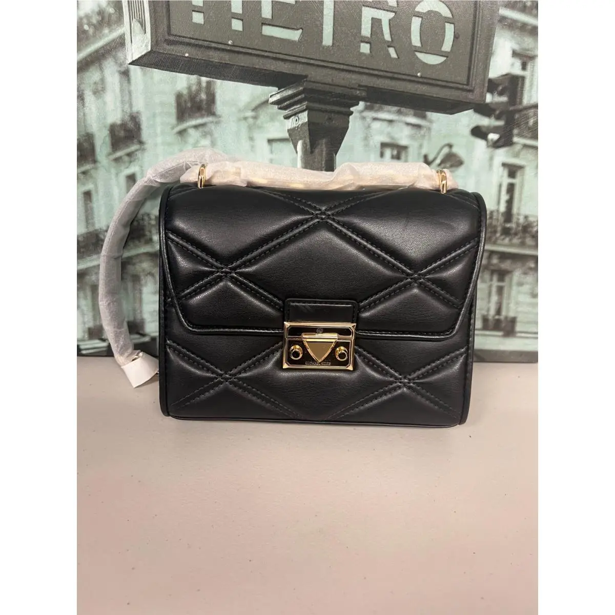 Michael Kors 35S2GNRL2U Serena Quilted Chain Shoulder Bag Black