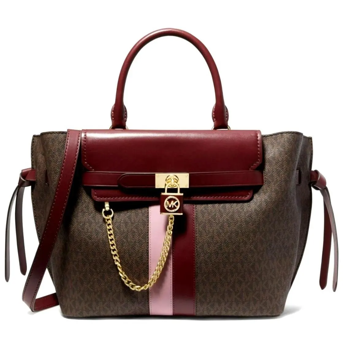 Michael Kors Hamilton Legacy Brown Merlot Logo Belted Chain Large Satchel