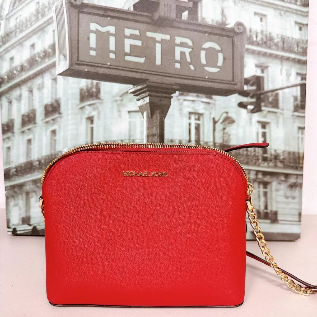 Michael Kors 38S9YCPC3L Cindy Large Saffiano Leather Dome Crossbody Bag in Red