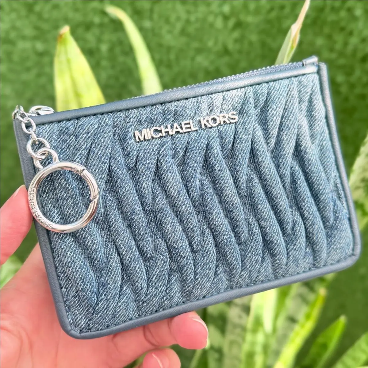 Michael Kors Jet Set Small Matelassé Denim Coin Pouch Wallet Blue Denim