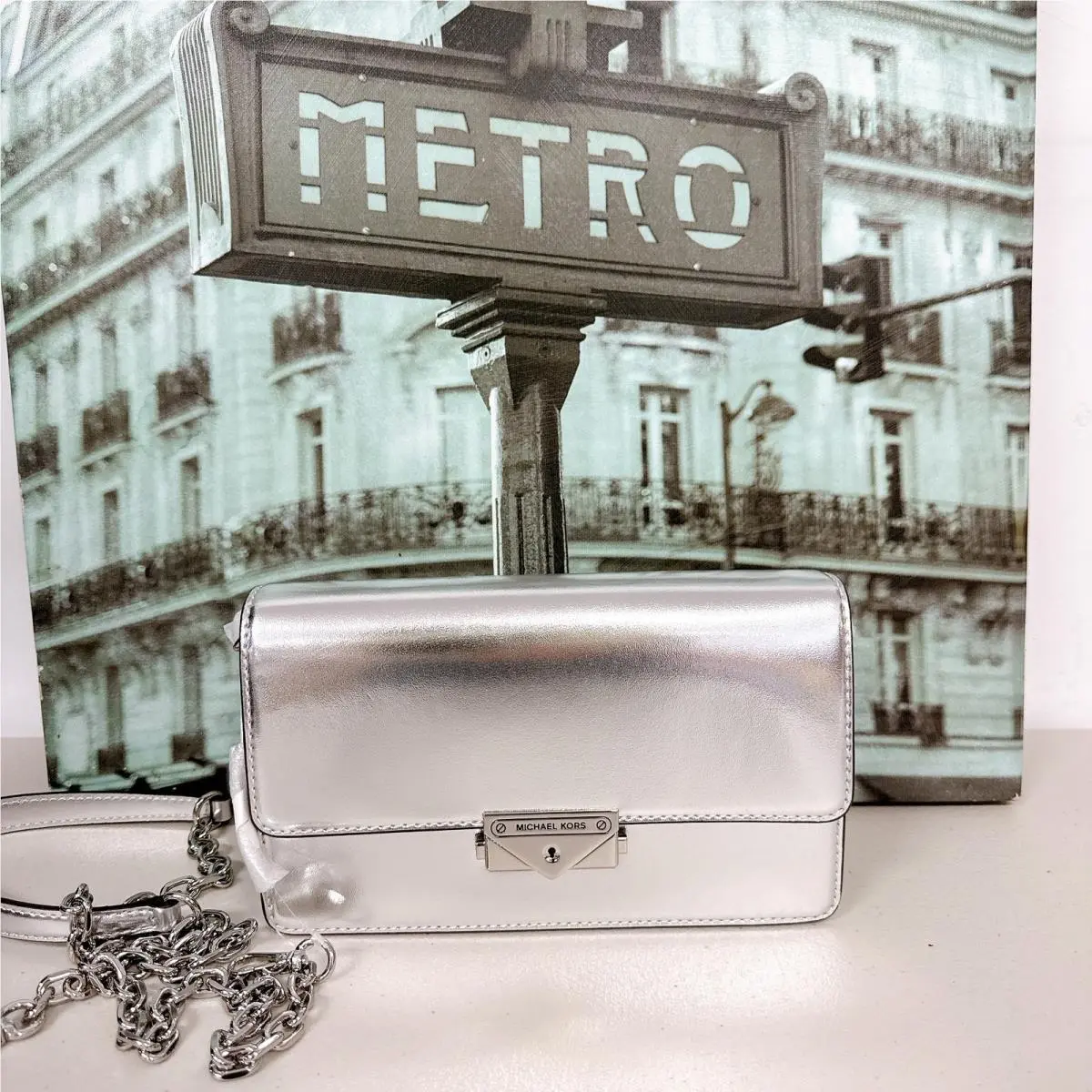 Michael Kors Cece Silver Metallic Leather Flap Crossbody Clutch Bag
