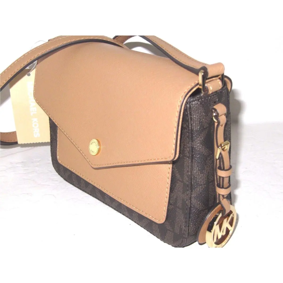 Michael Kors Greenwich Sm Flap Crossbody Brown Signature Peanut Leather Bag