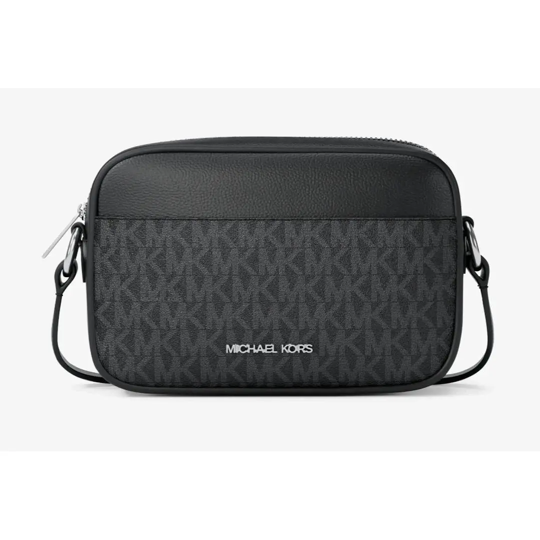 Michael Kors Jet Set Small Zip Crossbody Camera Bag Shoulder Black Logo Silver