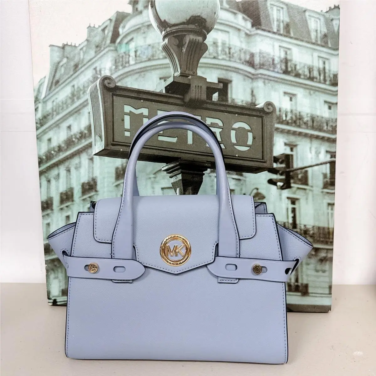 Michael Kors 30S0GNMS1L Carmen Small Saffiano Leather Belted Satchel Pale Blue