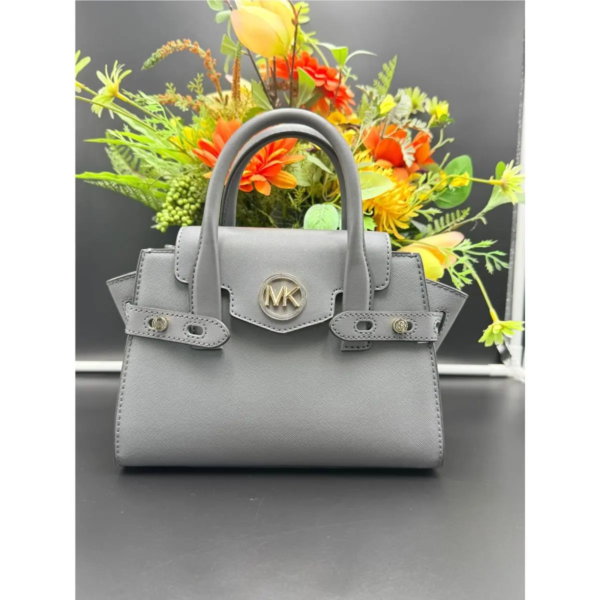 Michael Kors Carmen Small Belted Satchel Bag Heather Grey